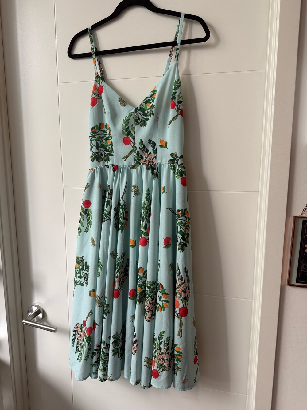 Light Blue Midi Sundress with Fruit & Floral Print